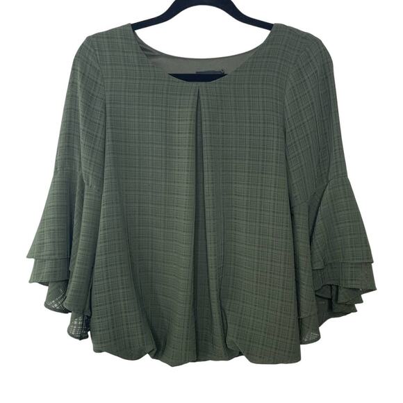 Alyx Tops - Alyx Blouse Pleated Front Plaid Bell Sleeve‎ Elastic Hem Round Neck Green Medium